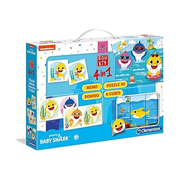 Clementoni- Pinkfong Baby Shark Italy Edukit 4 Puzzle, 6 Cubes, mémo et 1 Dominos Plateau ludique-Jeu éducatif-fabriqué en It