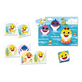 Clementoni- Pinkfong Baby Shark Italy Edukit 4 Puzzle, 6 Cubes, mémo et 1 Dominos Plateau ludique-Jeu éducatif-fabriqué en It