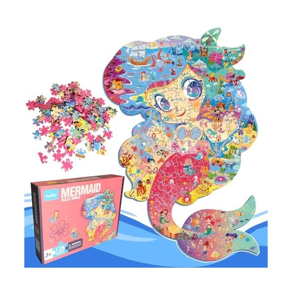 BARVERE Puzzle Enfant, 128 Pièces Sirène Puzzle, Puzzle Animaux Enfant, Jouet Educatif Puzzle pour Enfant, Jouet éducatif Enf