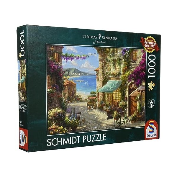 Schmidt Spiele Thomas Kinkade 59624 Puzzle de 1000 pièces Motif café sur la Riviera italienne Multicolore, structure en lin