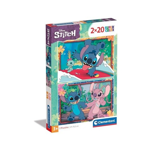 Clementoni Supercolor Disney Stitch – 2 x 20 Comprend 2 20 pièces Enfants 3 Ans, Puzzle Dessins animés, fabriqué en Italie,