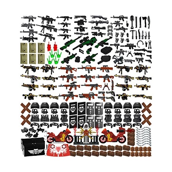 Weapon Pack 225 PCS Accessories Military Weapon Set INCL Helmet Body Armor Cloak and Motorcycles Designed for Minifigures Com