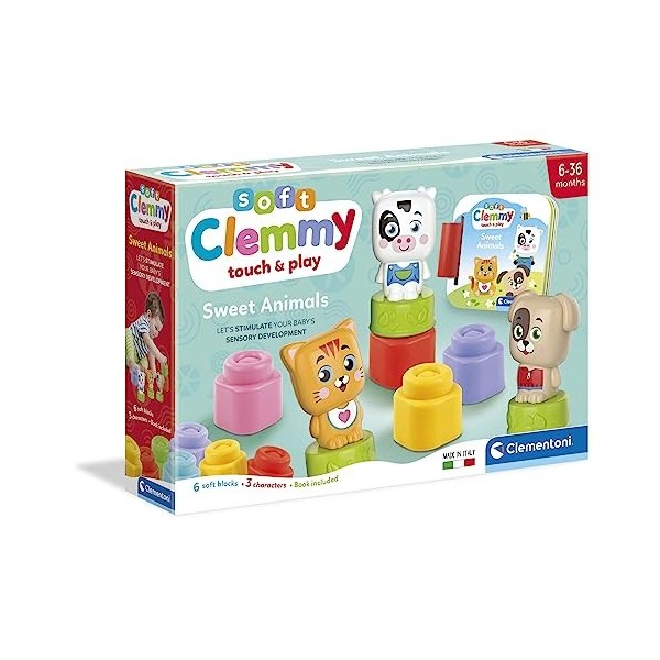 Clementoni- Soft Clemmy-Set de Jeu avec Livre Animaux Mignons-Premières, Briques De Construction, Bloc Souple Bébé 6 Mois, Jo