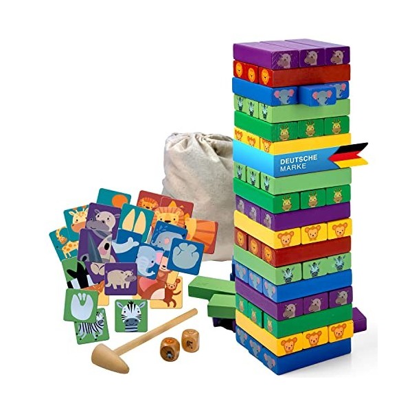 Jouets en Bois pour Enfants à partir de 3 Ans Tour à Bascule à empiler avec Motifs danimaux Jouet éducatif de Tour avec 54 B