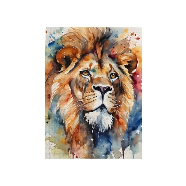 Puzzle de 500 pièces pour adultes - Lion aquarelle - Jeu stimulant - Puzzle en bois - Décoration familiale - Parfait pour les