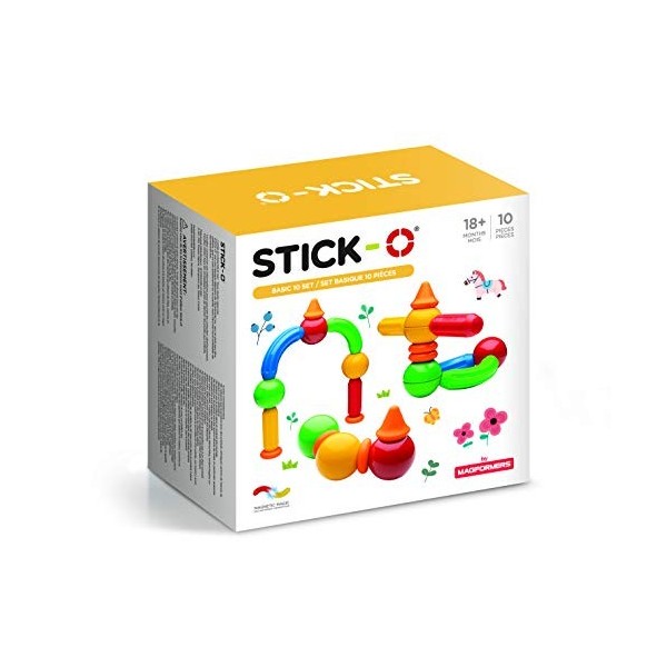 Stick-O Basic 10-Piece Magnetic Building Blocks Toy. Preschool STEM Toy with Large Pieces and Grippy Groove Design. Designed 