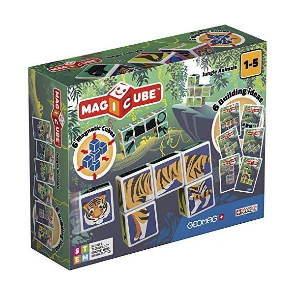 Geomag MagiCube 145 Jungle animals - Constructions Magnétiques et Jeux Educatifs, 6 Cubes Magnétiques