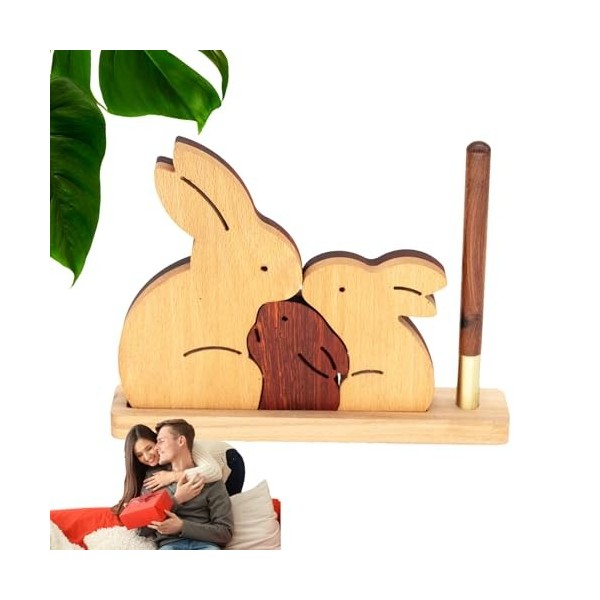 Vllold Décor de Lapin en Bois, Figurine de Lapin en Bois - Décoration en Bois de Lapin 3 pièces,Décoration de Porte-Stylo de 