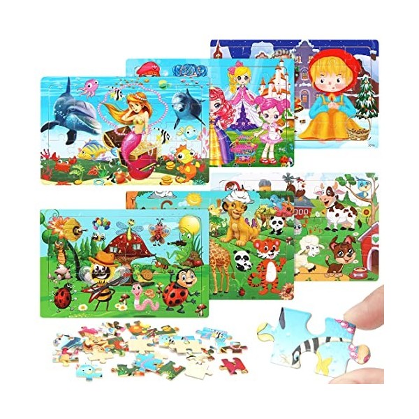 Lot de 6 Puzzles en Bois Enfant, Puzzle Enfant 30 Pièces, Puzzle en Bois Voiture Dinosaure Animal, Jouet éducatif Enfant 3 4 