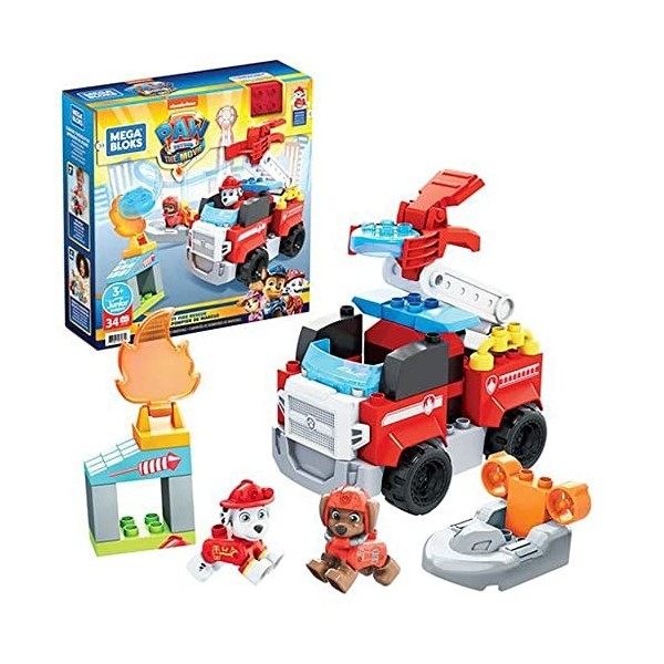 Mega Bloks La PatPatrouille : Le film, Camion de Pompier de Marcus, 32 blocs de construction et 2 figurines, jouet pour bébé