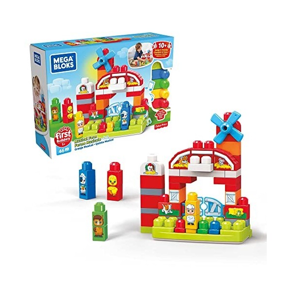 Mega Bloks First Builders La Ferme Musicale, animaux et sons, jeu de blocs de construction, 46 pièces, jouet pour bébé et enf