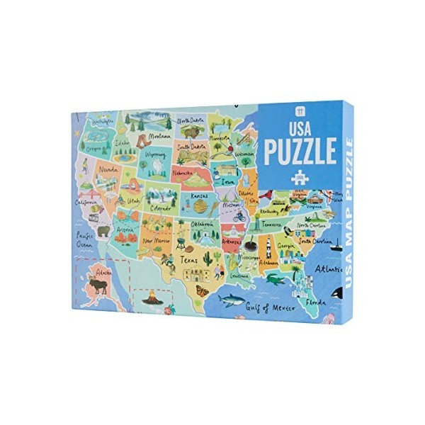 Talking Table- Casse-tête et Affiche Puzzle Carte Unis, 50 États, Bleus, 1000 pièces | Illustré | Voyage de Monuments américa