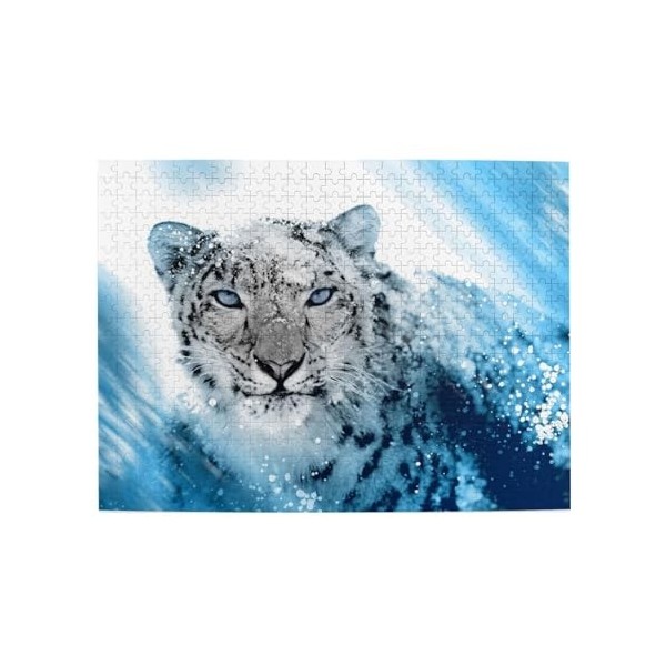 Puzzle personnalisé en bois imprimé léopard des neiges aux yeux bleus 500 pièces pour adulte cadeau danniversaire