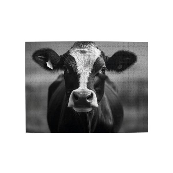 Puzzle en bois avec imprimé tête de vache noire et blanche - Puzzle amusant de 500 pièces pour adulte - Cadeau danniversaire