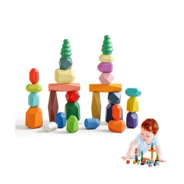 Promise Babe Jouets en Bois Montessori pour Enfants,38 PCS Forêt Arbres Pierres empiler Pierres déquilibre Pierres de Constr