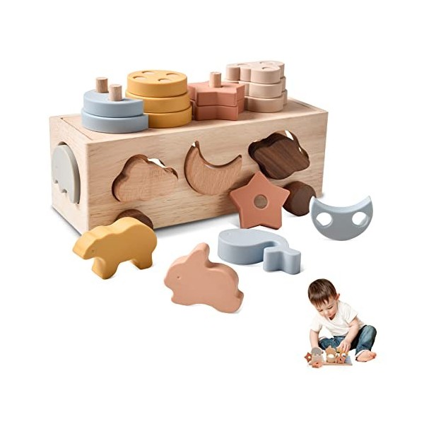 Promise Babe Jouets en Bois Montessori pour Enfants,38 PCS Forêt Arbres Pierres empiler Pierres déquilibre Pierres de Constr