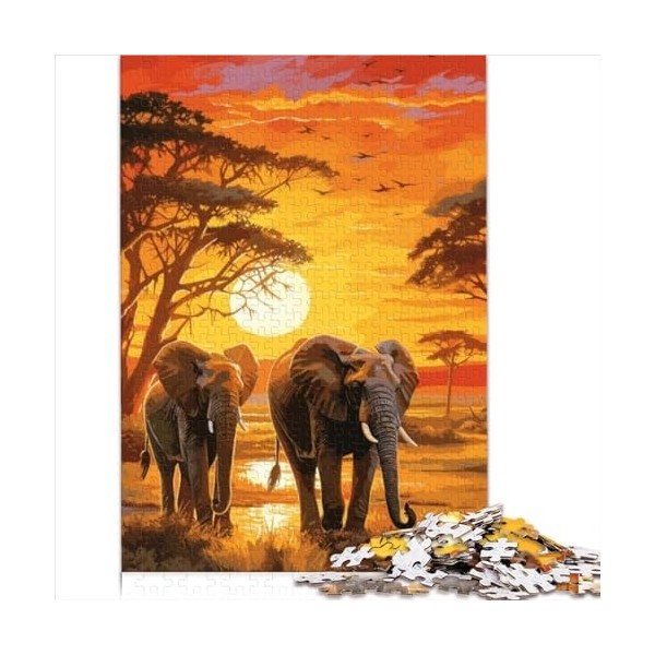 Puzzles 1000 pièces Éléphants Afrique Coucher de Soleil Puzzles Amusants Puzzles en Carton pour Adultes Puzzles 1000 pièces P