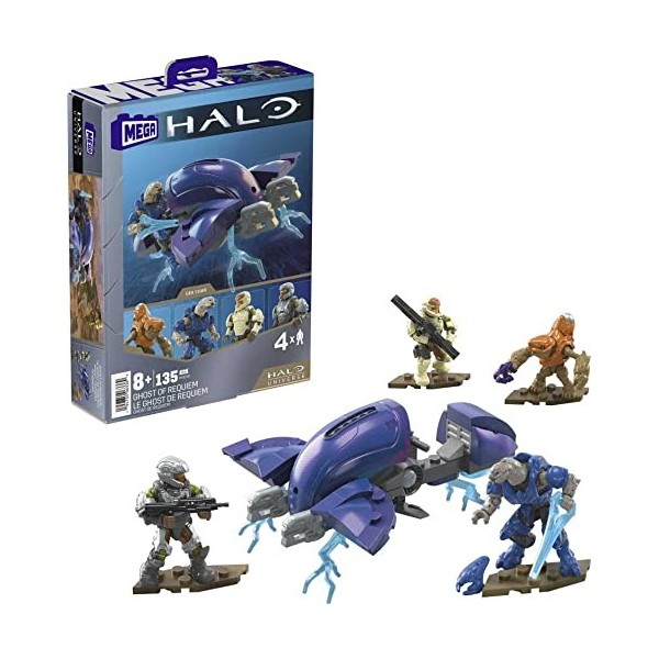 Mega Construx Halo - HHC36 - Contient 135 pcs - Coffret Le Ghost de Requiem - Pack 4 Mini Figurines articulées 5cm + Vaisseau