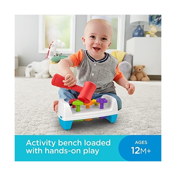 Fisher-Price Tape Tape et Tourne, jouet bébé avec table de jeu et marteau pour enfoncer les couleurs, 12 mois et plus, GJW05
