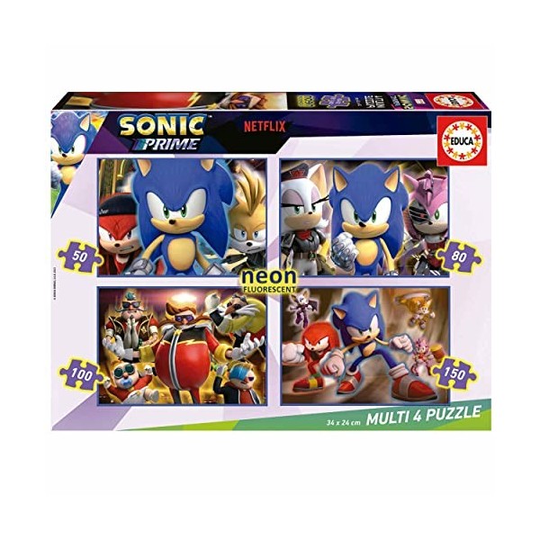 Educa - Multi 4 Sonic Prime Neon | Ensemble de 4 Puzzles pour Enfants progressifs de 50 à 150 pièces Qui Brillent dans lobsc