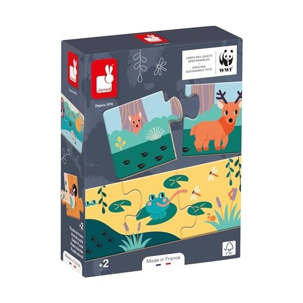 Janod Animaux et Les Empreintes-Boîte de 10 3 Pièces-Puzzle Enfant-Jeu dÉveil et Premier Age-Partenariat WWF-Dès 24 Mois, J0