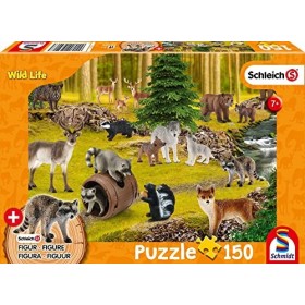 Schmidt Spiele- Wild Life, avec Les ratons laveurs, Puzzle pour Enfants de 150 pièces, avec Figurine Originale Schleich, 5640
