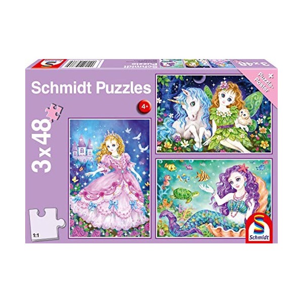 Schmidt Spiele- Meerjungfrau Princesse, fée et sirène, Puzzle pour Enfants 3x48 pièces, 56376, Coloré