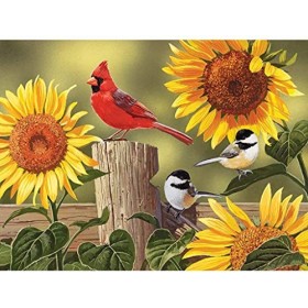 Bits and Pieces 300 Grande Piece Jigsaw Puzzle pour Adultes Tournesol et 300 passereaux Pc Cardinal Jigsaw par LArtiste Will