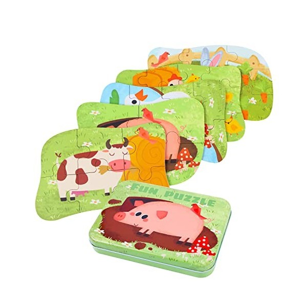 BBLIKE Puzzles avec boîte en fer sur le thème de la ferme pour enfants filles ou garçons de 3 à 6 ans