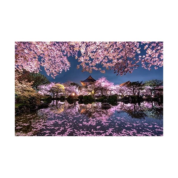 LHJOYSP Puzzle Adultes 1000 Pieces Lumières de la Ville veilleuses Printemps Fleurs de Cerisier Japonais 75x50cm