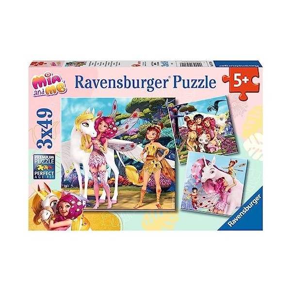 Ravensburger Pays des Elfes et des Licornes-3 x 49 pièces Mia and Me Puzzle pour Enfants à partir de 5 Ans, 05701, Blanc