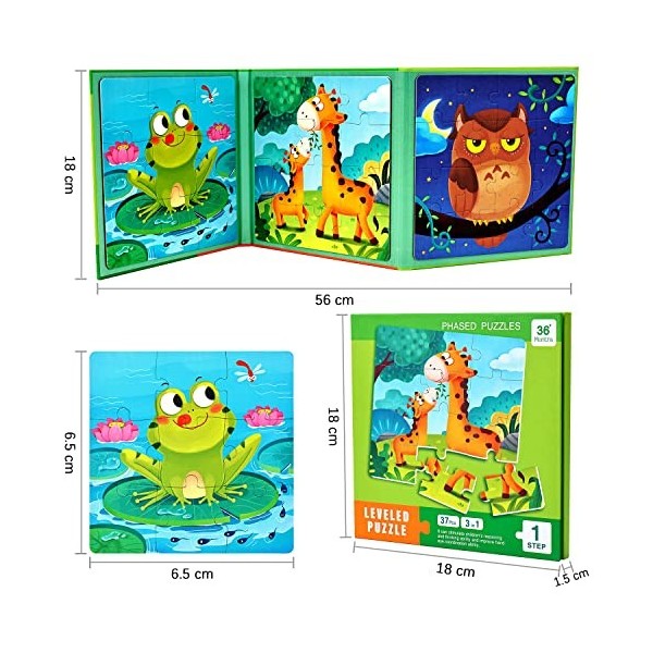 BBLIKE Puzzles magnétiques pour les enfants de 3, 4, 5, 6 ans, puzzles 3 en 1, 37 pièces en bois danimaux pour les tout-peti