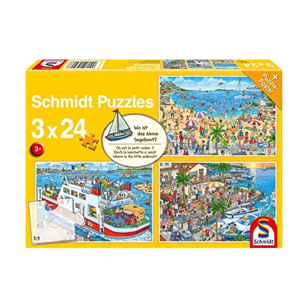 Schmidt Spiele 56418 Où est Le Petit Bateau à Voile-3 x 24 pièces Puzzle pour Enfant, coloré