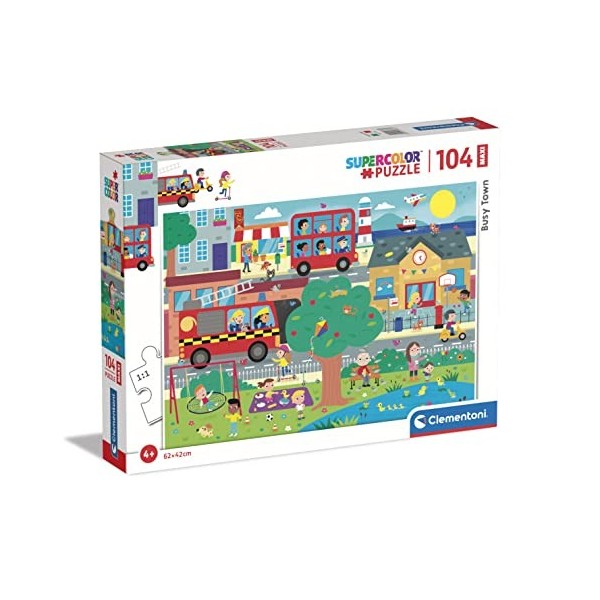 Clementoni- Puzzle Maxi Busy Town 104pzs Does Not Apply Supercolor Town-104 pièces, 4 Ans Enfant Dessin animé-fabriqué en Ita