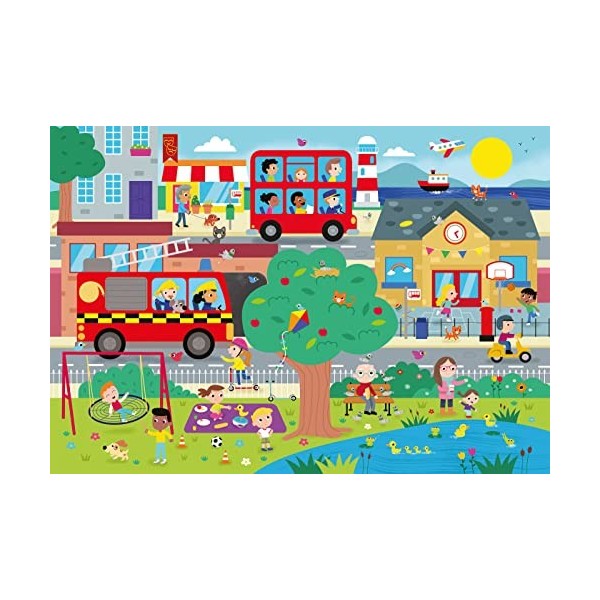 Clementoni- Puzzle Maxi Busy Town 104pzs Does Not Apply Supercolor Town-104 pièces, 4 Ans Enfant Dessin animé-fabriqué en Ita