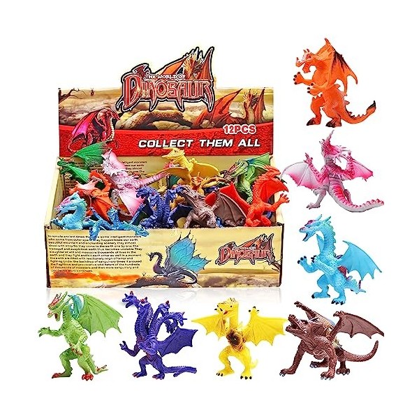 12 pièces Jouets Dragons,4 Pouces Mini Dragons Lots avec Boîte Cadeau, Jouets Souvenirs Fête pour Les Garçons Enfants,Monde A