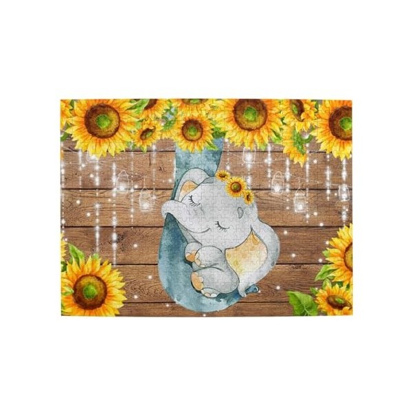 Puzzle en bois imprimé tournesols mère et bébé éléphant 500 pièces pour adulte, famille, mariage, remise de diplôme, version 