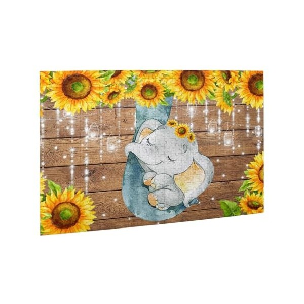 Puzzle en bois imprimé tournesols mère et bébé éléphant 500 pièces pour adulte, famille, mariage, remise de diplôme, version 