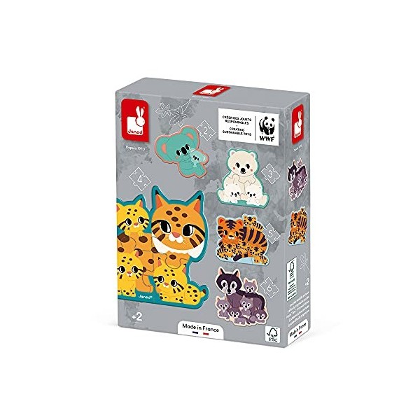 Janod - 5 Puzzles Evolutifs Animaux 2 à 6 Pièces - Jouet dEveil Premier Age - Jeu Educatif Observation et Coordination - Fab