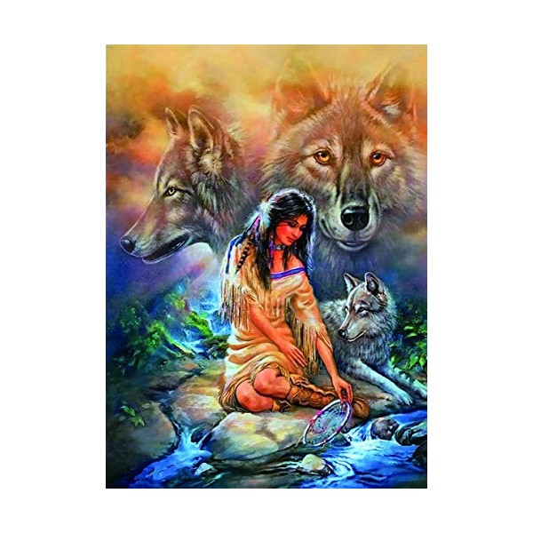 MYKJpuzzle Puzzle en Bois 1000 Pieces - Loup et Femmes Indiennes au Bord de la rivière - Adultes Enfants Classique Jeu Cadeau