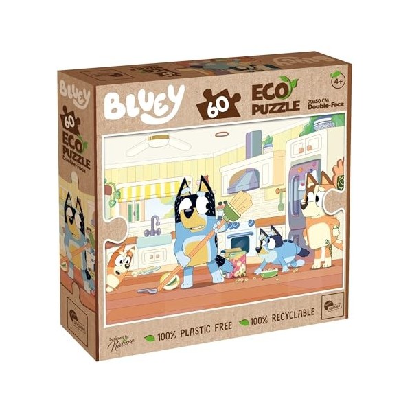 Lisciani - BLUEY - Eco Puzzle - 60 Pièces - Pour Enfants dès 4 Ans - 50x70cm - Puzzle Bluey avec Double Face à Colorier - Puz