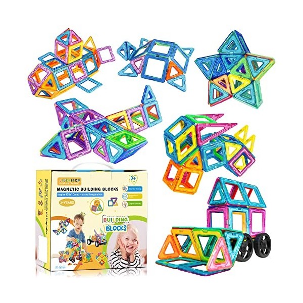 LIVEHITOP Bloques de Construcción Magnéticos, 65PCS Construction Magnetique pour Enfant STEM Aimants Éducatifs Créatifs Cadea