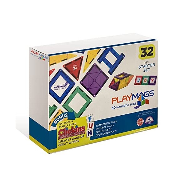 Playmags Ensemble de 32 pièces de Carreaux colorés, Construction magnétique Unique primée, créativité et Jouets de Constructi