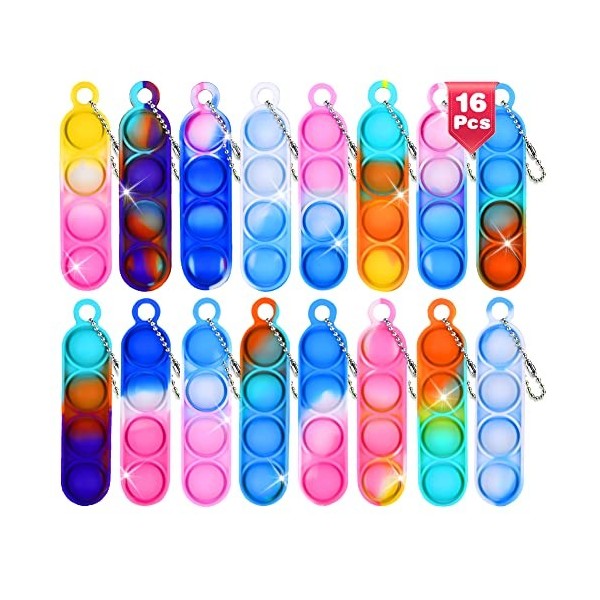 Ainiv 16PCS Mini Pop Push It Fidget Jouet Porte-clés, Coloré Silicone Squeeze Pop Bubble Fidget Bulk Jouets Sensoriels, Poppe