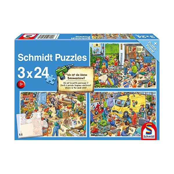 Schmidt Spiele 56417 Où est la Petite perceuse-3 x 24 pièces Puzzle pour Enfant, coloré, Multicolore, Normal