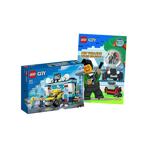 Lego City Set : 60362 Lave-auto + Lego City - Avec plein gaz à travers la ville broché avec figurine Tread Octane