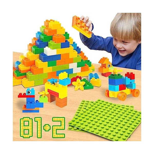 Lot de 81 grands blocs de construction et 2 plaques de construction - Compatible avec les briques Lego Duplo et les grandes m