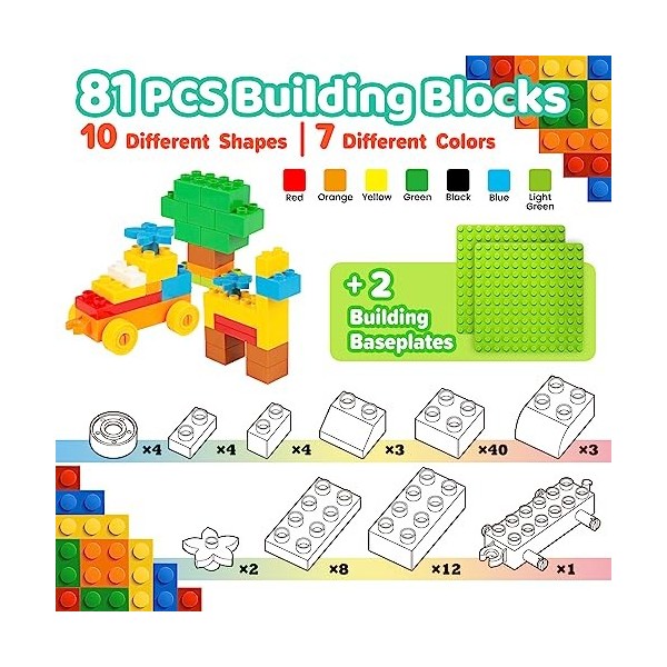 Lot de 81 grands blocs de construction et 2 plaques de construction - Compatible avec les briques Lego Duplo et les grandes m