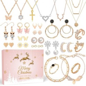Calendrier de Lavent Bijoux Femme 2023-24 Surprise Bijou Kit Rose Or avec Colliers Boucles Doreilles Bracelets Bagues - Com