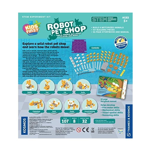 Thames & Kosmos , 567015, Kids First: Robot Pet Shop, Owls, French Bulldogs, Sloths and More!, Level 2 Science Kit, Ages 5-7